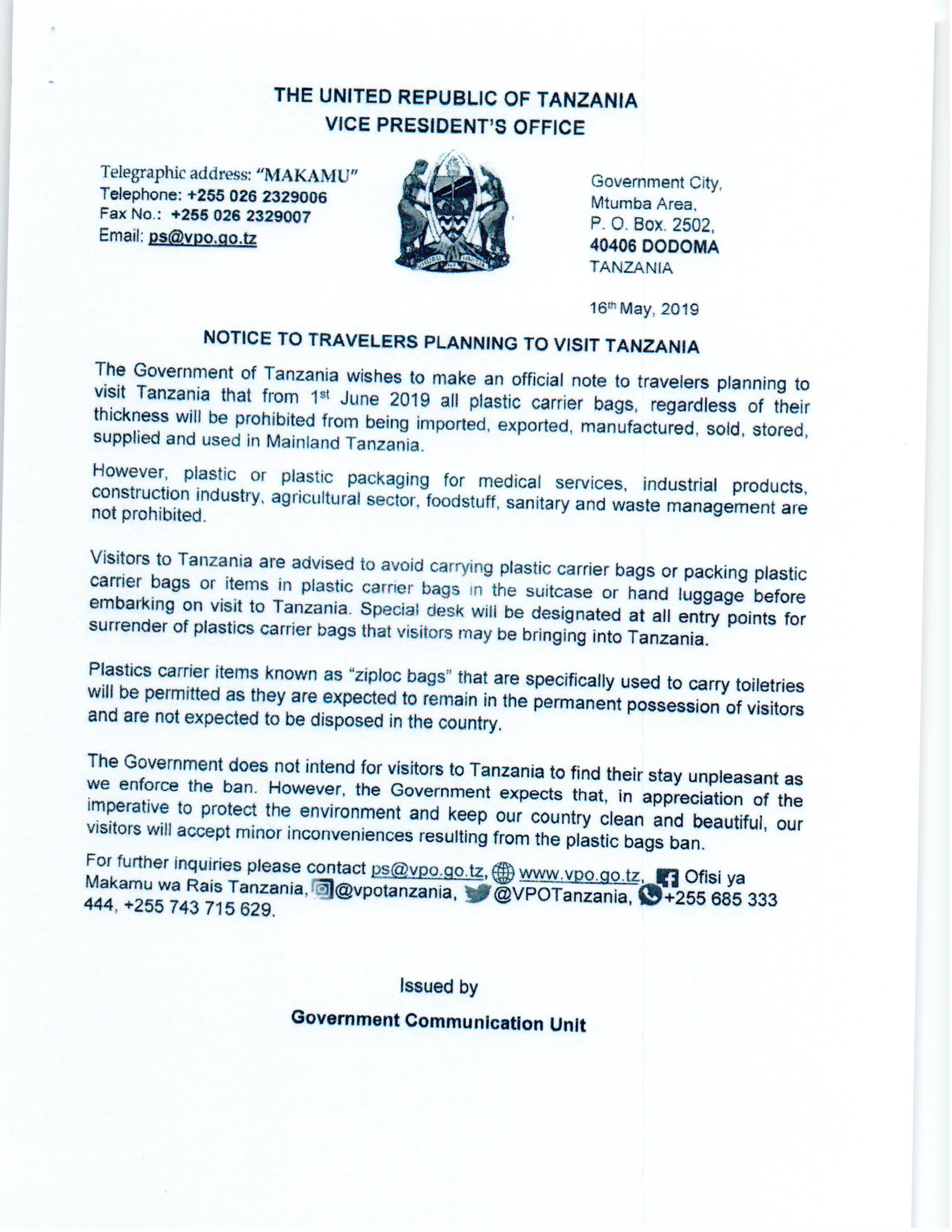 NOTICE TO TRAVELLERS PLANNING TO VISIT TANZANIA | Embassy of